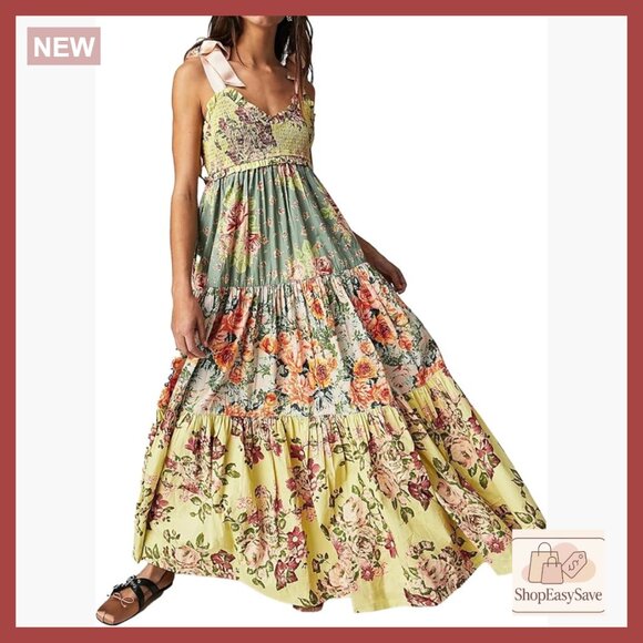 Floral Boho Maxi Dress Smocked Bodice Tiered Skirt Tie Shoulder Pockets